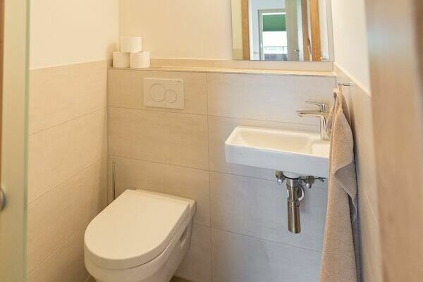 Badezimmer mit Dusche und WC der Ferienwohnung Baumkrone***** des Oberh�fenhof im Jostal im Schwarzwald
