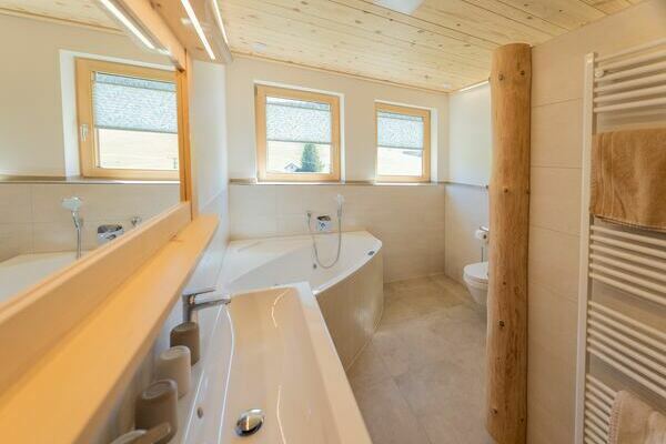 Badezimmer mit Dusche und WC der Ferienwohnung Baumkrone***** des Oberh�fenhof im Jostal im Schwarzwald
